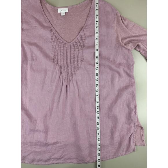 J Jill Love Linen Pintucked Tunic Blouse Top XL Pink 3/4 Sleeve Slits Cottage - Picture 8 of 14